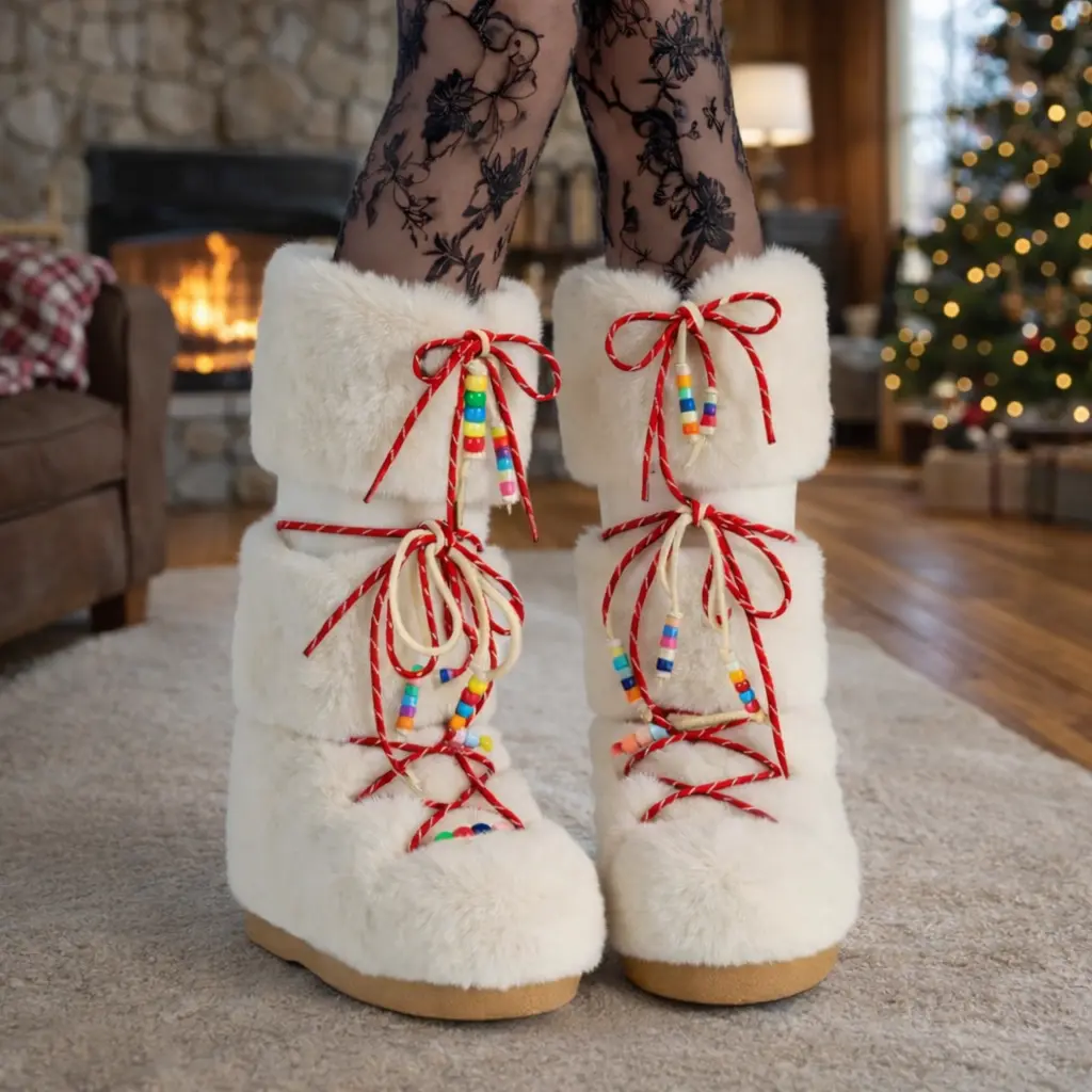 Women’s Winter Snow Boots - Plush Faux Fur Lined Footwear with Colorful Bead Laces, Cozy Christmas Style Shoe