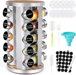 Spice Rack Organizer with Jars for Cabinet (20Pcs) Revolving/Rotating Seasoning Organizer, Stainless Steel/Wooden Countertop Rack Tower Organizer for Kitchen Pantry with Reusable Labels/Funnel/Brushes Canister Canister