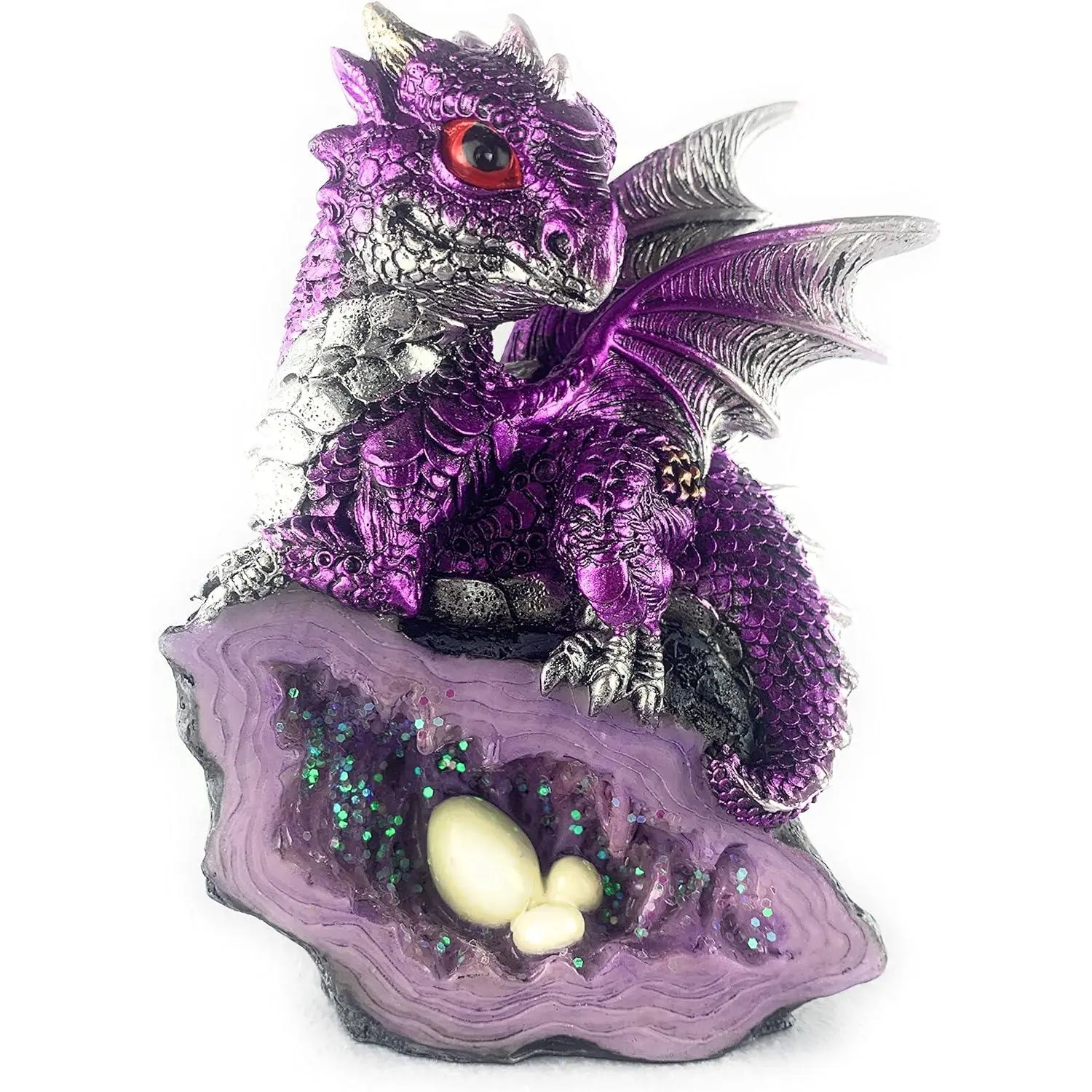Ain't   Dragon Statue Medieval  Dragon wh  Egg Nest Decorative Figurine Geode Sparkling  Cave Dragon Figurine Collectible Fantasy, Dark Purple 4(L) 2(W) 5(H) inches