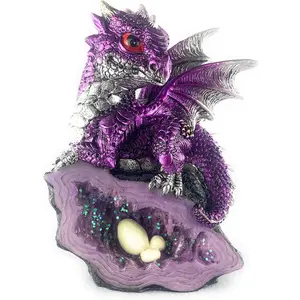 Ain't   Dragon Statue Medieval  Dragon wh  Egg Nest Decorative Figurine Geode Sparkling  Cave Dragon Figurine Collectible Fantasy, Dark Purple 4(L) 2(W) 5(H) inches