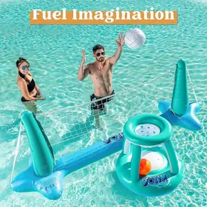 Inflatable Pool Float Set Volleyball Net & Basketball Hoops, Floating Swimming Game Toy For Kids And Adults, Summer Floaties, Pool Party Games & Activities, Volleyball Court Basketball, L-Blue