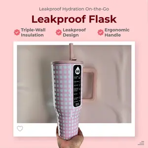 HydroJug 40oz Leakproof Flask with Straw - Triple Wall Insulated Stainless Steel Tumbler, Pink Plaid Drinkware Mug Bottles Bottled Water Bottles Portable Lid Stylish Reusable