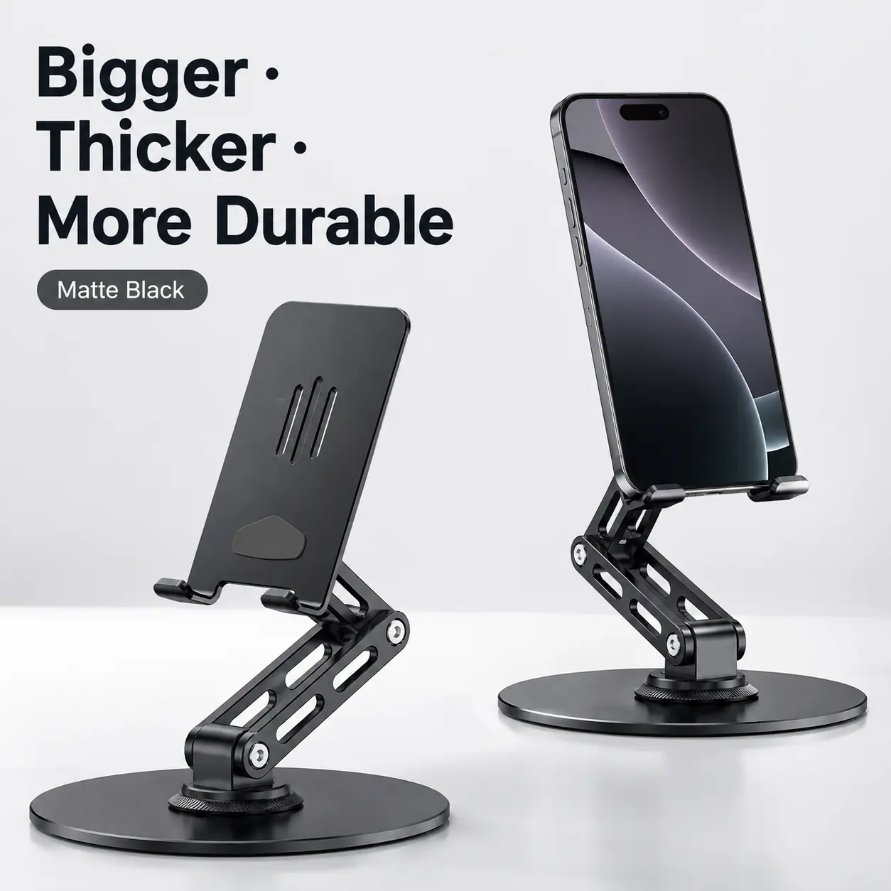 Heavy-Duty Metal Cell Phone Holder Desktop Mount, 360° Rotating Dual-Hinge Arm with Anti-Slip Pad, Screen Support for Hands-Free Viewing, Foldable Mobile Accessory