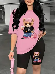 Summer Women's 2-Piece Matching Lightweight Outdoor Set, Round Neck Bear Pattern Short Sleeve T-Shirt & Fitted Pants, Casual All-Over Print, Above the Knee Length