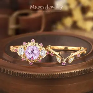 Lavender Amethyst & Moissanite Floral Engagement Ring Set in 18k Gold Vintage Leaf Design Art Deco Branch Bridal Stack Round Cut 1ct Center Curved Matching Band February Birthstone Promise Ring Handmade LA Studio Customizable Sizes Free US Shipping