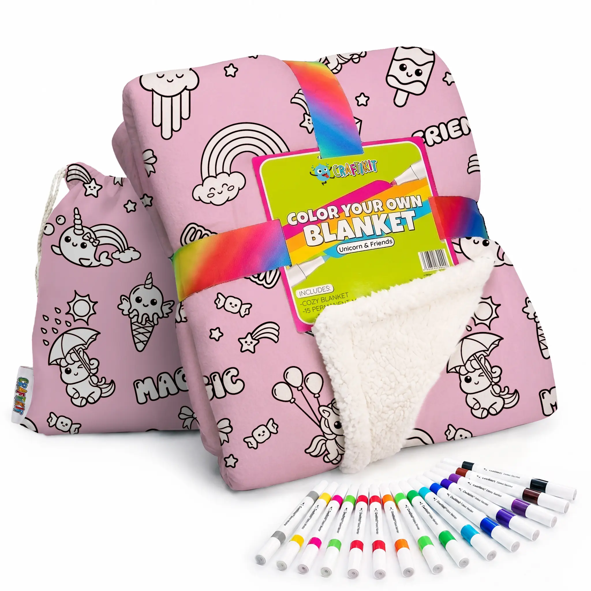 Craftikit Unicorn Coloring Blanket - 40x60 in Custom Blankets, Personalized Bedding with Fabric Markers, Travel Tote, Creative Play Activity for Sleepovers, All-Season Birthday Gifts