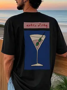 Men's Regular Fit Martini Cocktail Print Round Neck Tee, Casual Short Sleeve T-shirt for Summer, Men's Top for Daily Wear, Tropical, Casual Stylish Tee（1）