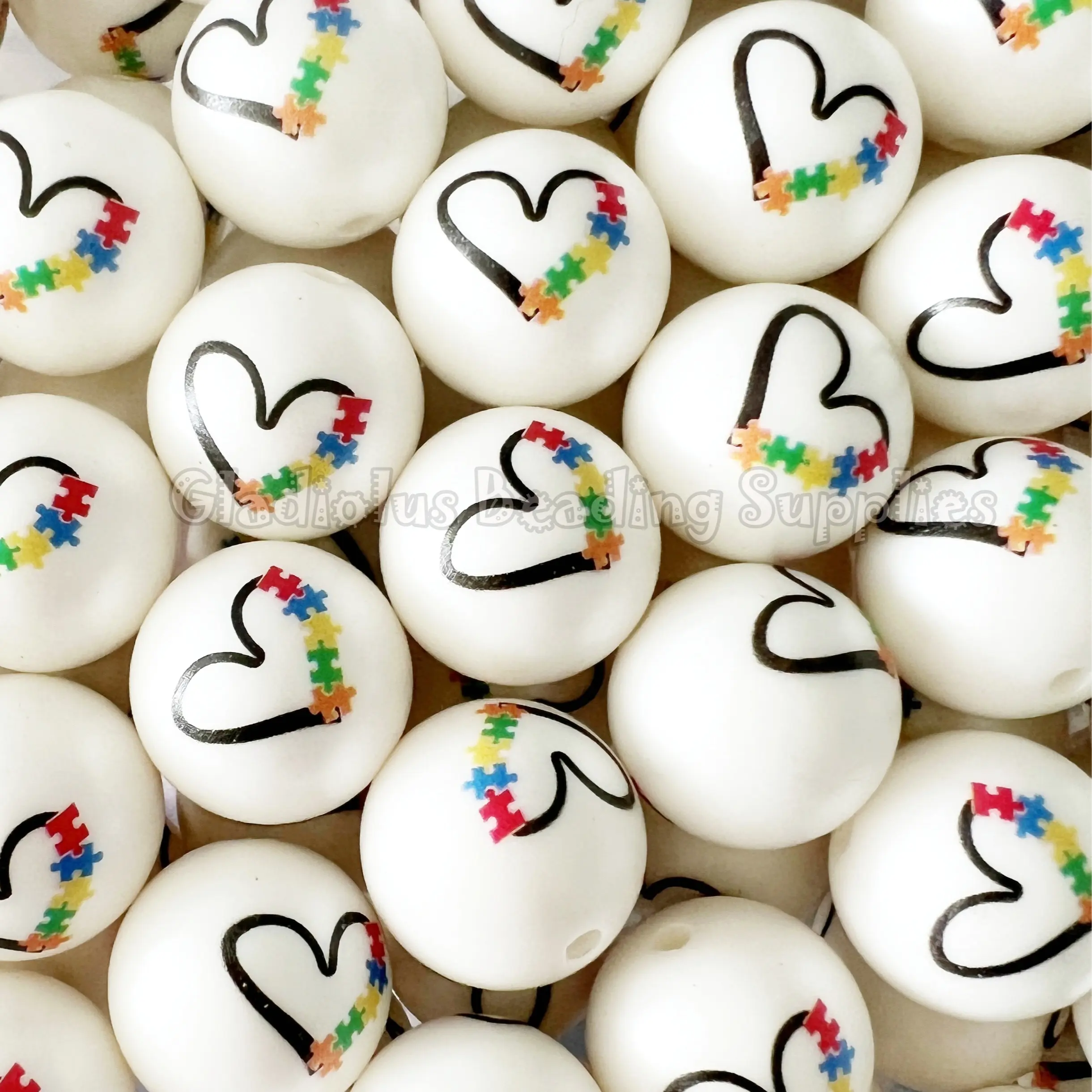 20mm Autism Awareness Beads, Heart Print Acrylic Bead, Bubblegum, Chunky Round, Gumball, Beading Supplies