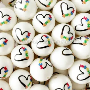 20mm Autism Awareness Beads, Heart Print Acrylic Bead, Bubblegum, Chunky Round, Gumball, Beading Supplies