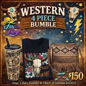 Fox and Fringe  Western  4 Piece Set - Includes T-Shirt, Tumbler, Bag & Western Jewelry