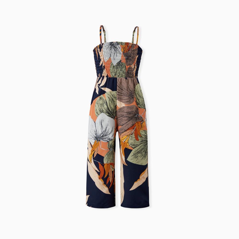 PatPat Family Matching Tropical Floral Print Smocked Top Strap Wide-Leg Jumpsuits for Mommy and Me
