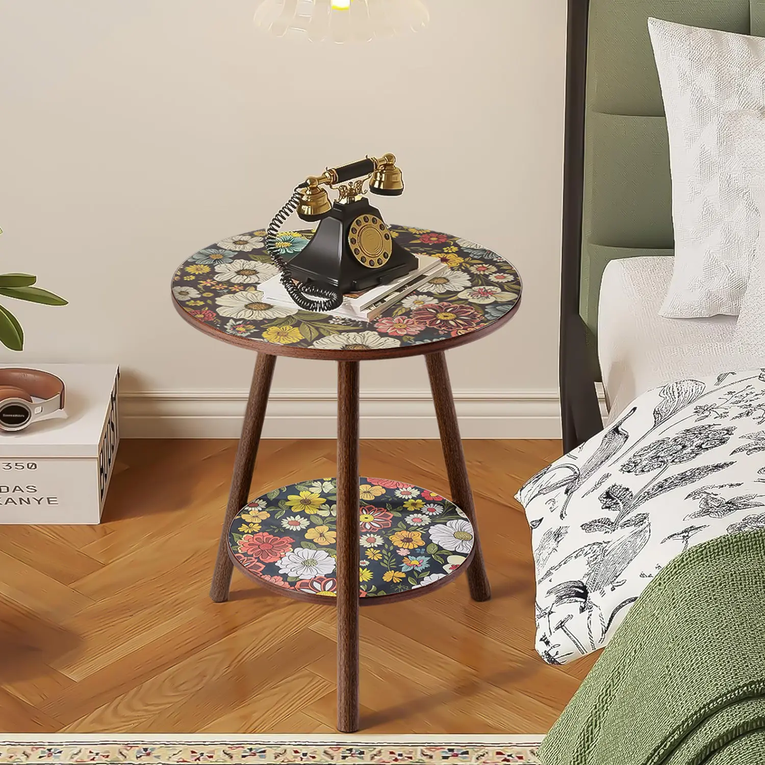 Double-Layer Mandala Floor Display Shelf, Vintage Round Storage Stand with Hidden Storage, Decorative Plant Stand & Side Table for Living Room, Bedroom, Balcony & Small Spaces
