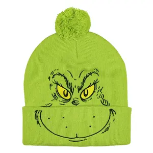 Dr. Seuss The Grinch Beanie Adult Embroidered Cuff Knit Ribbed Hat with Pom Pom