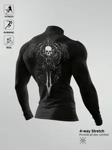 Men's Compression Rash Guard, High-Neck Long-Sleeve Skull Graphic Top, 4-Way Stretch Quick-Dry, Ideal for Fitness, Running, Riding, Training