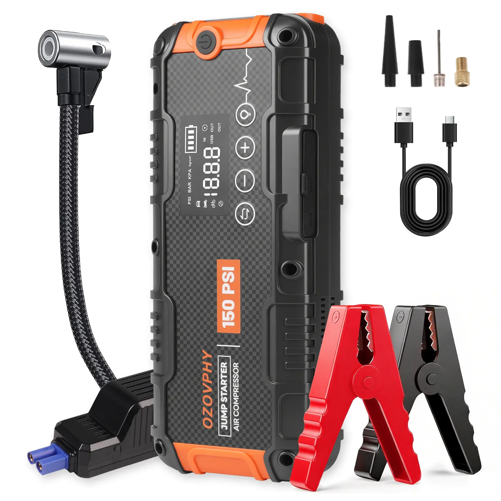 Ozovphy 4-in-1 Portable Car Jump Starter with Air Compressor, 6000A Peak Battery Jumper Starter (Up to 10L Gas/8.0L Diesel)  150PSI Auto-Shutoff Tire Inflator, 12V Car Jump Box with Smart Jumper Cables Power Bank,LED Light,Gifts