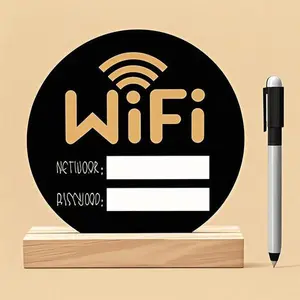 Round Acrylic WiFi Password Sign for Guests - Modern Home Office Decor with Wooden Base - Reusable Customizable WiFi Sign for Hosts - Essential Signage for Restaurants Beach House - Durable Stylish WiFi Signage Gift