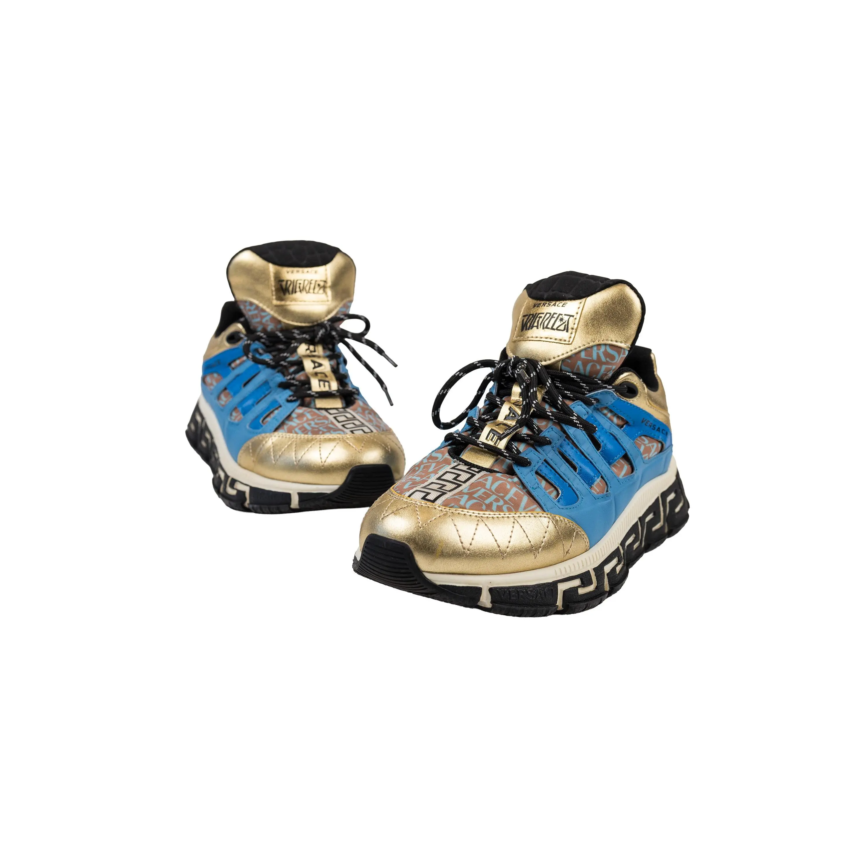 Versace Gold Blue Leather Trigreca Low Top Sneakers Size 43
