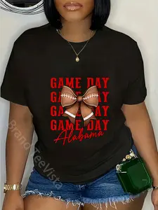 100% Cotton Unisex Alabama Football GAMEDAY Pretty Coquette Style Bow T-Shirt Graphic Casual Round Neck Tee