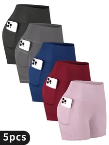 5PCS Women's Back To School High Waist Pocket Sports Shorts, Solid Cycling Shorts with Phone Pockets, Gym Shorts, High Stretch Skinny Biker Shorts, Gym Clothes, Quick Drying Yoga Workout Leggings, Fitness Sportswear Bottoms, Gym Clothing, Workout Shorts
