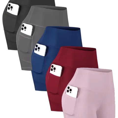 5PCS Women's Back To School High Waist Pocket Sports Shorts, Solid Cycling Shorts with Phone Pockets, Gym Shorts, High Stretch Skinny Biker Shorts, Gym Clothes, Quick Drying Yoga Workout Leggings, Fitness Sportswear Bottoms, Gym Clothing, Workout Shorts