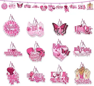 24Pcs Breast Cancer Awareness Hanging Ornaments for Tree,Pink Ribbon Hanging Decorations, Fight Breast Cancer Paper Pendant Crafts Decor with Rope Breast Cancer Awareness Gifts Party Favors Supplies