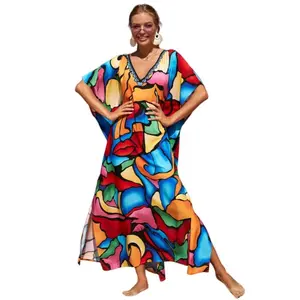 Plus Size Mumu Dresses for Women - Boho Batwing Sleeve Caftan with Side Slits, Long Moo Moo Nightgown & Beach Cover Up - multicolored
