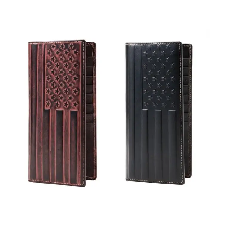RFID Blocking Genuine Leather Brown Flag Embossed Long Wallet with 13 Card Slots ID Windows Vintage Western Cowboy Leather Wallet Bifold Design for