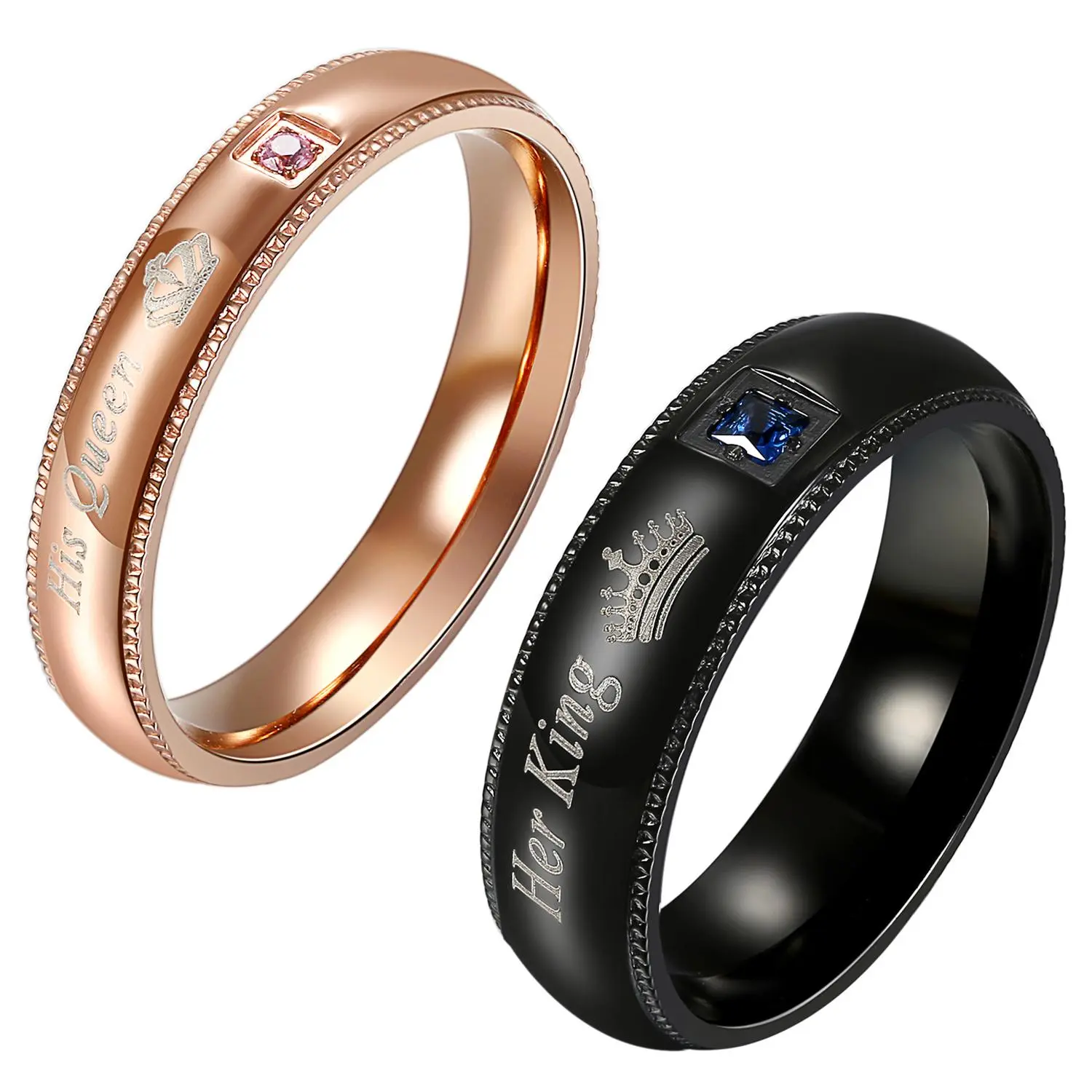 OIDEA Rose Gold-Tone Stainless Steel Him & Her Matching Sets, Women's CZ Accent His Queen Wedding & Engagement Rings, Romantic Slim Band for Anniversary, Women's Matching Sets