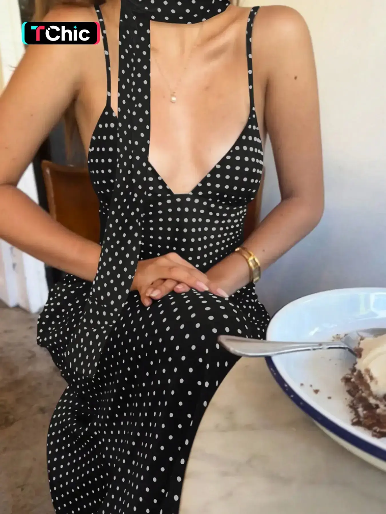 Women's Polka Dot Print Tie Shoulder Cami Dress, Fashion Casual Bohemian Sleeveless Long Dress for Daily Women's Polka Dot Print Tie Shoulder Cami Dress, Fashion Casual Bohemian Sleeveless Long Dress for Daily