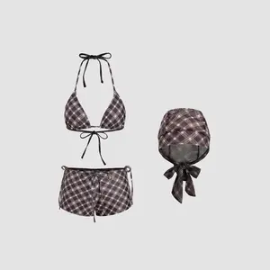 Cider Halter Neckline Check Knotted Triangle Tie Side Bikini Set With Cover Up Shorts & Headscarf