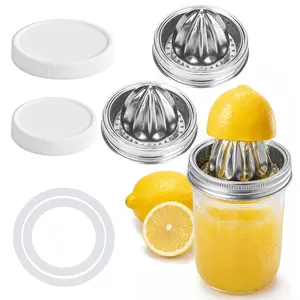 2 Pack Stainless Steel Citrus Juicer Lids for Wide Mouth Mason Jars – Manual Lemon/Lime Squeezer + 2 Tinplate Mason Jar Straw Lids with 304 Stainless Steel Straws – 4 Pieces Total