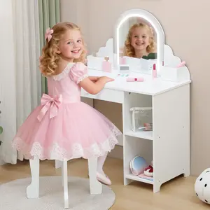 Girls Vanity with Lighted Mirror & Stool,Kids Vanity Makeup Desk with Wooden Makeup Playset,Adjustable LED Light, Storage Drawer & Shelves, White table w
