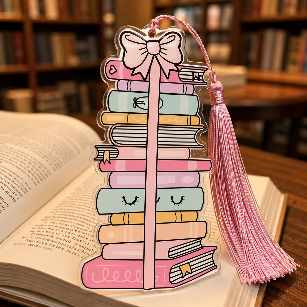2D Cute Pastel Book Stack Acrylic Bookmark with Pink Bow | Kawaii Bookish Accessories | Gifts for Avid Readers | Coquette Aesthetic Book Marker | Bookworm Gift
