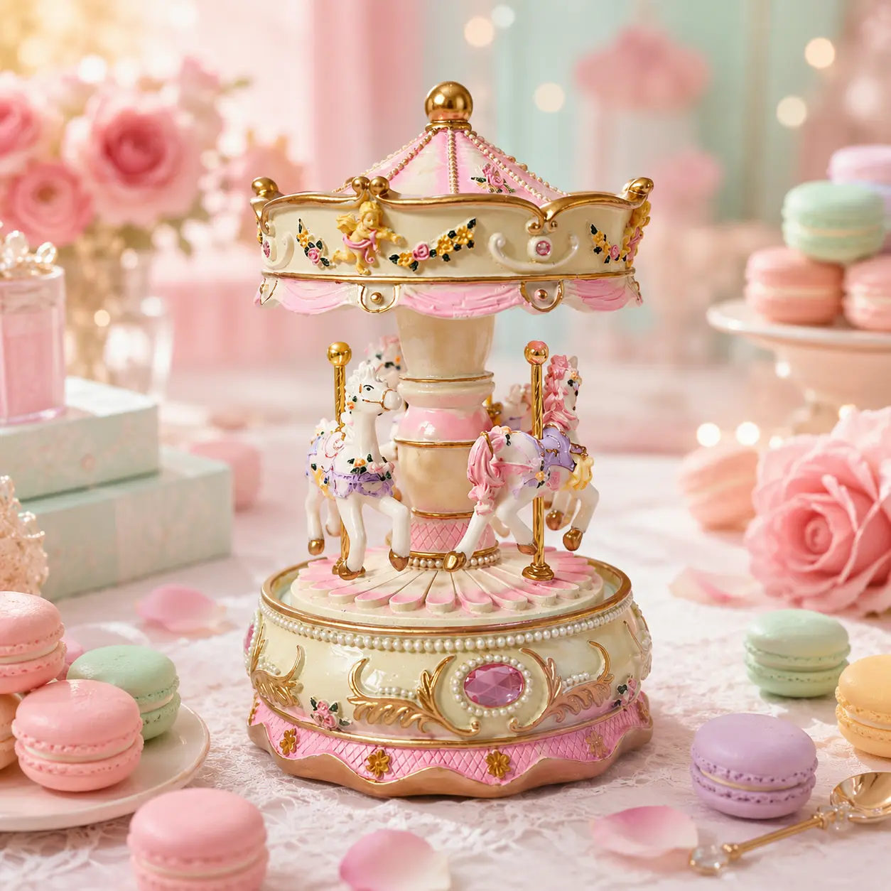 Magical Illuminated Carousel Music Box with Colorful Lights, Floral Swirls, Horses, Unicorn Decor – Gift-Wrapped Present for Girls, Women for Christmas, Birthday