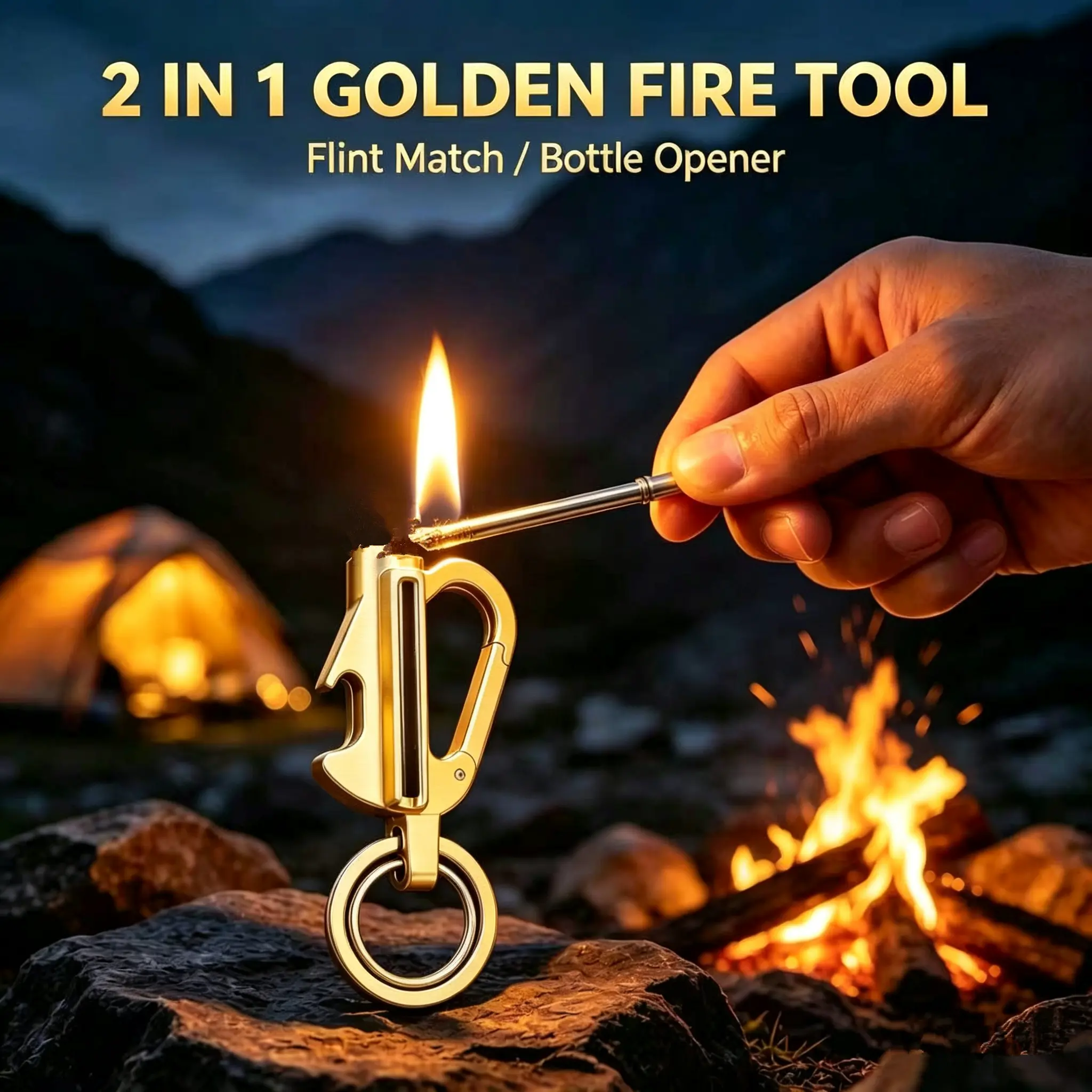 2 In 1 Golden Flint Fire Starter Bottle Opener Camping Keychain,Portable Golden Survival Fire Match Multitool Carabiner Bottle Opener Outdoor Camping Emergency Gear