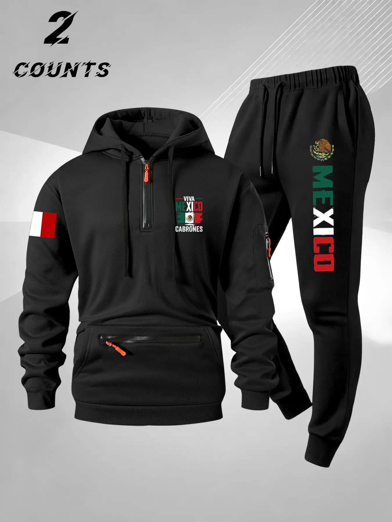 Men's Fashion Casual Mexican Print Long Sleeve Pants Set, 2 Piece Hooded Sweatshirt and Sporty Pants, Adjustable Drawstring Design, Tracksuit Outfit