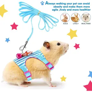 Hamster Harness and Leash Two-Piece Set, Suitable for Walking, Small Guinea Pig Clothes with Bowknot and Bell, Anti-Pull Comfortable Striped Vest, Suitable for Guinea Pigs, Hamsters, Ferrets, and Other Small Animal Pet Supplies