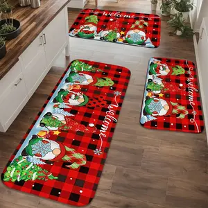1/2/3 PCS, Merry Christmas Red and Black Checkered Gnome Elf Christmas Tree 2D Printing Pattern, Home Decor, Home Decorative Rug, Home Mat Set, Suitable for Kitchen and Bathroom, Indoor Entrance Rug, Non-Slip and Easy-to-Clean, Long Strip Rug