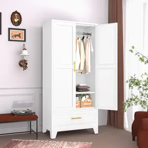 71" Household Wardrobe Cabinet with Hanging Rod and Drawers, Steel Armoire Wardrobe Closet with 2 Doors,  Metal Clothing Storage Cabinet with Adjustable Shelf for Bedroom, Cloak Room, Gym