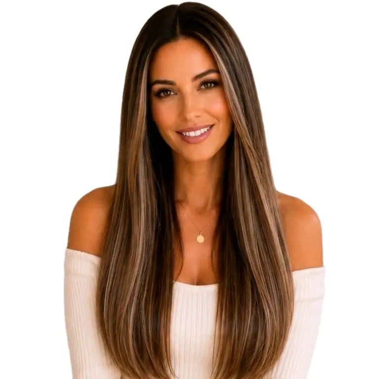 Watered Souls Janey Z1311109 in 24" Chestnut Brown Highlight. long-layered synthetic wig bundle.  with subtle dimensional highlights and soft blonde face-framing pieces. Complete bundle must be returned for full refund