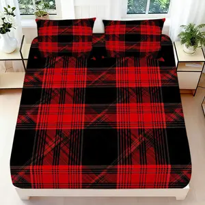 2/3 Pcs 2D Flat Stylish Plaid Fitted Sheet Set Red Black Plaid Bedding Set Quilt Cover 1 Fitted Sheet + 1/2 Pillowcases Fashionable Top Sheet Decorative Bedding Bedroom Decor