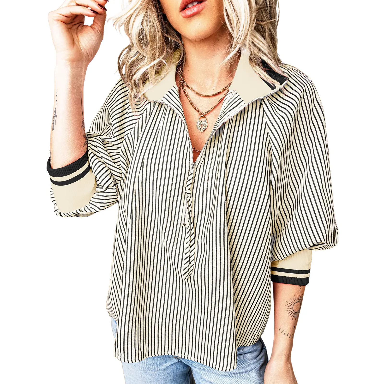 Dokotoo Tops Women Casual Shirts Blouses Metal Zipper Striped Shift 3/4 Sleeve Daily Blouse