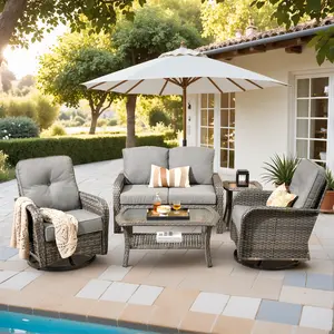 5 Pieces Patio Outdoor Furniture Set with Swivel Rocking Chairs, All Weather Wicker Patio Seating, Rattan Sectional Sofa and Chairs Set ,Outdoor Conversation Set for Backyard Porch Deck