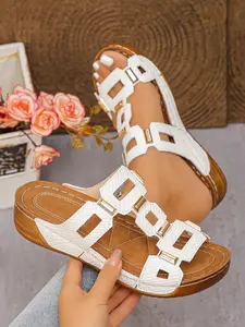 Women's Snake Print Metal Buckle Thick Sole Sandals, Retro Modern Style Summer Comfort Height Increasing Shoes, Vintage