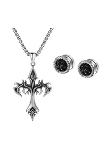 Vintage Flame Cross Pendant Necklace and Magnetic Earring Set, Unisex Fashion Jewelry, Perfect Gift for Daily and Special Occasions