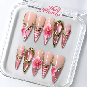 NailPhoria ROSY DEWDROPS -SUMMER Handmade Press-On Nails | Reusable, Salon-Quality, Long-Lasting, Glossy Design