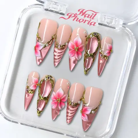 NailPhoria ROSY DEWDROPS -SUMMER Handmade Press-On Nails | Reusable, Salon-Quality, Long-Lasting, Glossy Design
