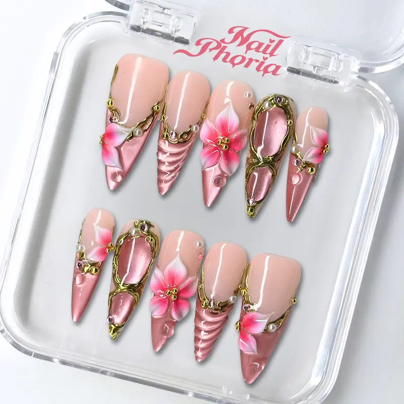NailPhoria ROSY DEWDROPS -SUMMER Handmade Press-On Nails | Reusable, Salon-Quality, Long-Lasting, Glossy Design