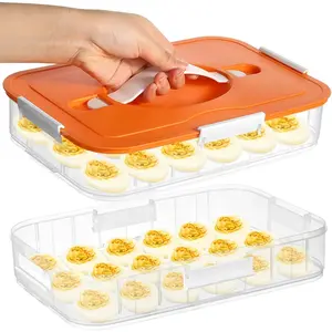2-Layer Deviled Egg Containers with Lid, 36 Slots Plastic Detachable Egg Tray Carrier with Handle, Clear Eggs Storage Box Portable Eggs Holder for Easter Party  Kitchen Refrigerator Supplies