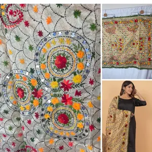 Green Pom Pom Shawl Long Raw Silk Handmade Phulkari dupatta mirror and thread